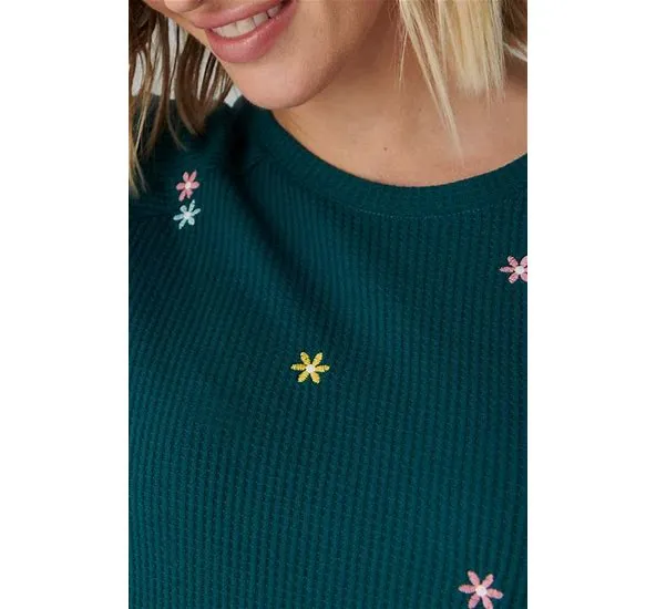 Take It Easy Waffle Knit Embroidered Long Sleeve Pajama Top - Teal