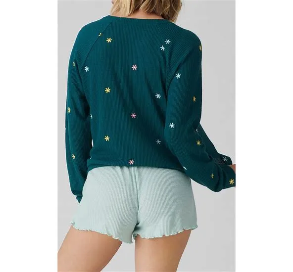 Take It Easy Waffle Knit Embroidered Long Sleeve Pajama Top - Teal