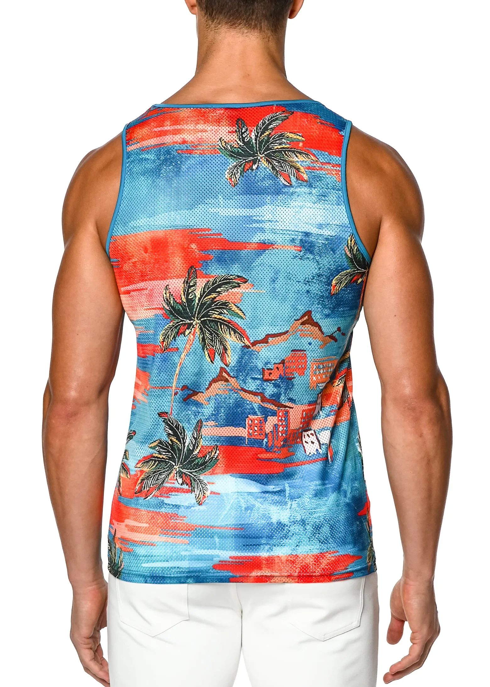 TURQUOISE/ORANGE PALM TREES PRINTED MESH TANK TOP ST-11066