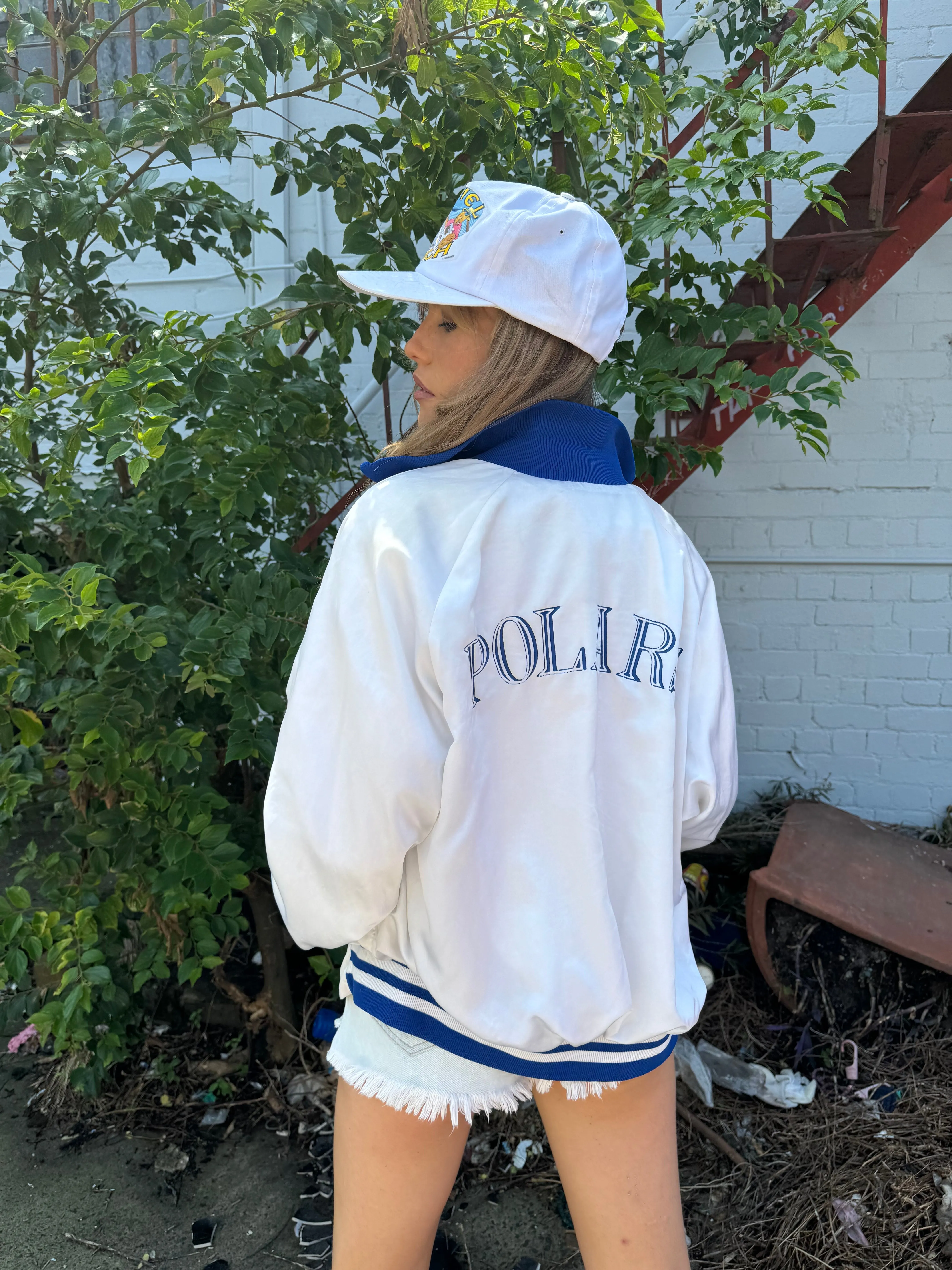 Vintage Satin Bomber Jacket - White & Blue (M)