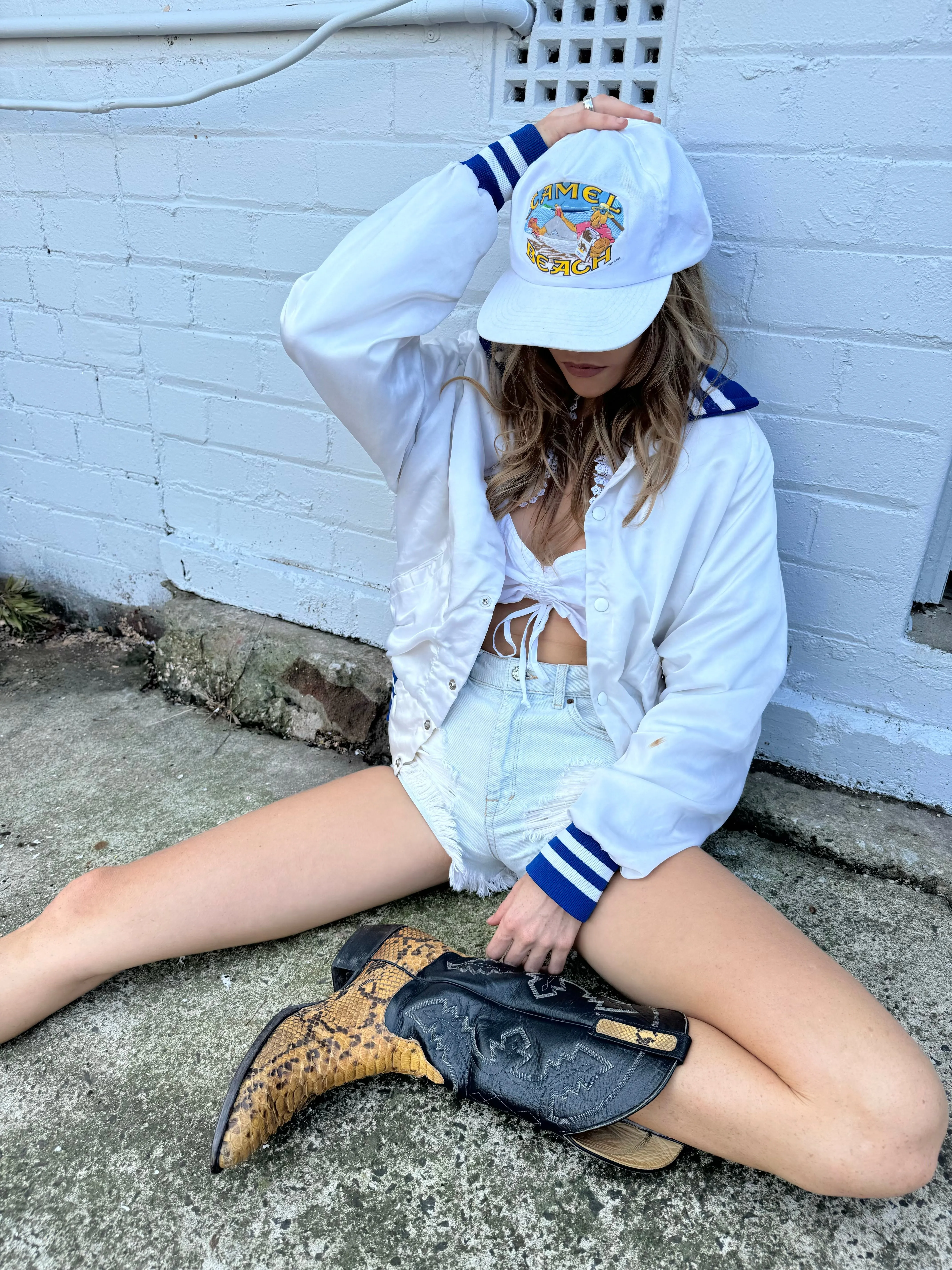 Vintage Satin Bomber Jacket - White & Blue (M)