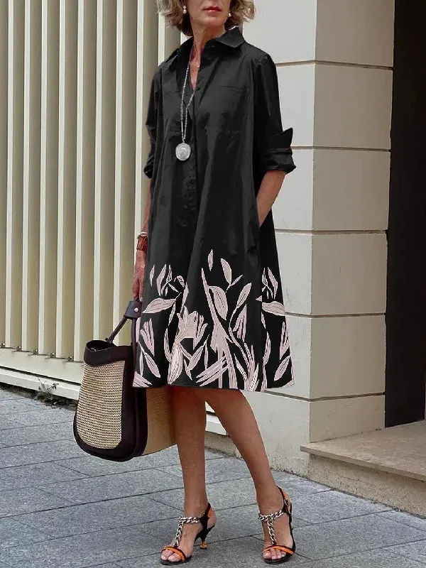Women's Casual Shirt Dress Shirt Collar Long Sleeve Shift Midi Dresses 116137