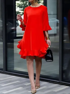 xakxx Half Sleeves Loose Falbala Solid Color Round-Neck Midi Dresses