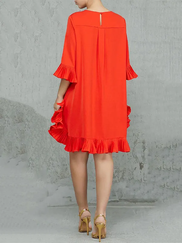 xakxx Half Sleeves Loose Falbala Solid Color Round-Neck Midi Dresses