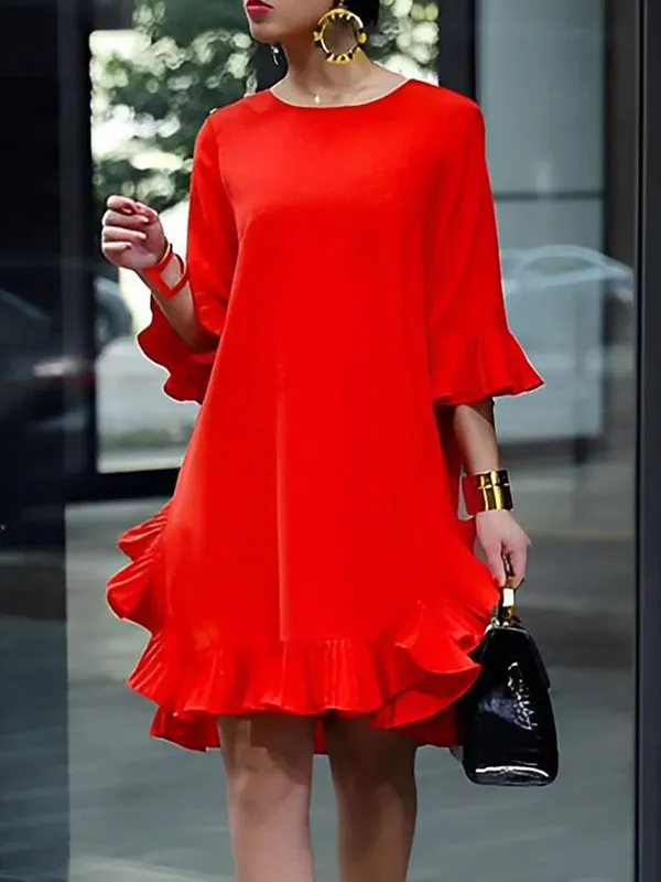 xakxx Half Sleeves Loose Falbala Solid Color Round-Neck Midi Dresses